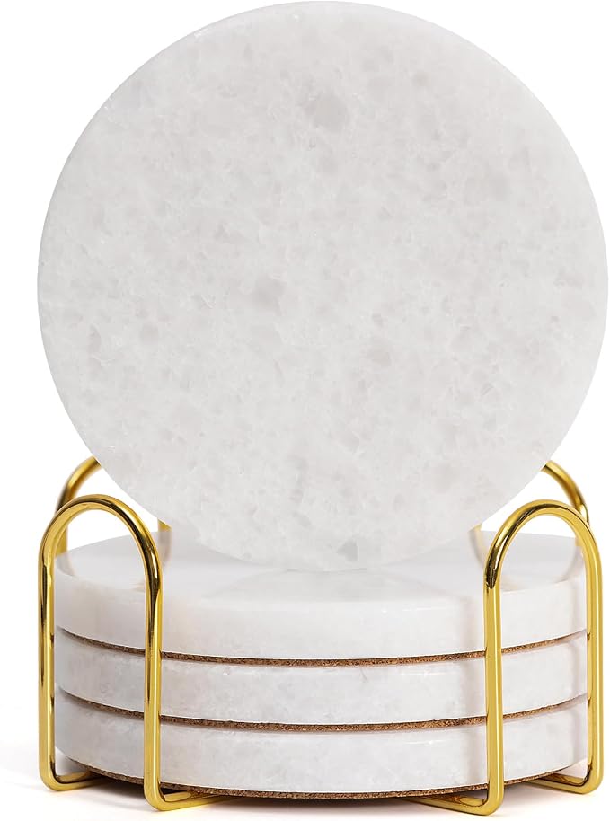 Pure White Marble Coasters Set of 4 with Holder, Icy Crystal Coasters for Coffee Table, 4 Inch Polished White Stone Coaster with Sparkling Texture – Heat Resistant, Non-Slip, Housewarming Gift