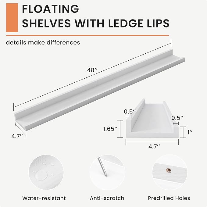 FLYJOE Picture Ledge Shelf, Floating Shelves Set of 2, Solid Ash Wood 48'' Long Large Nursery Book Shelves for Toys Storage, Kids Bookshelf for Living Room Bedroom Decor Books Photo Frames, White
