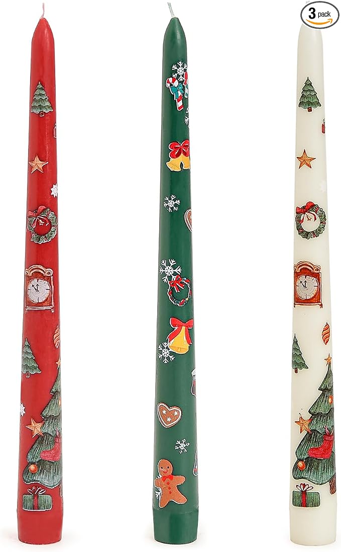 Sungmor Christmas Taper Candlesticks, Beautiful 3-Color Decal Crafts, 10" Long Decorative Candles, Scented & Colored Tall Candlesticks, Long Burning & Smokeless Tapered Holiday Party Celebrate Candle