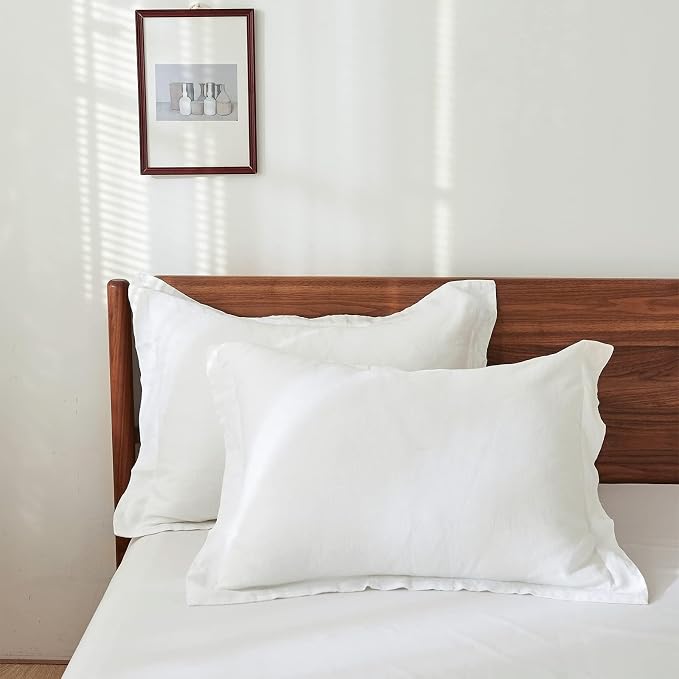 100% French Linen Pillow Shams Basic Style - Pack of 2 - Washed Solid Color Natural Flax Soft Breathable - White, 20'' x 26''