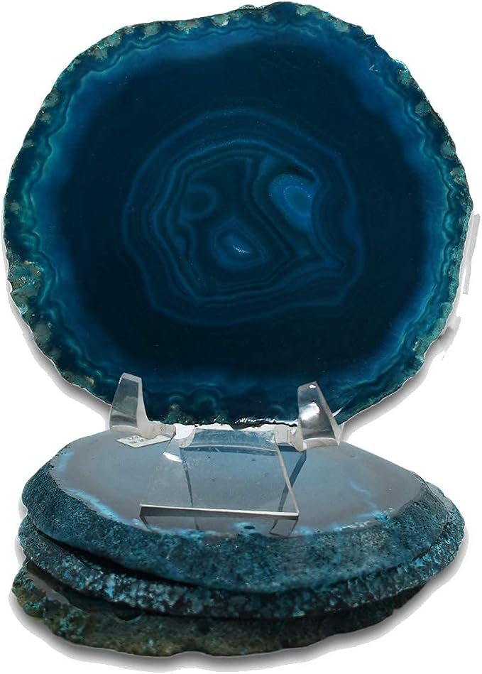 Nature's Decorations Teal Agate Stone Coasters - Set of 4, Polished Geode Drink Mats for Dining & Coffee Table & Kitchen Geode Decor Non-Toxic 3.5-4" Diameter