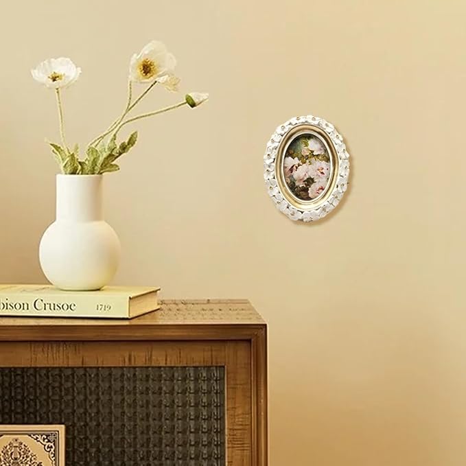SYLVIA'S SHOP 2.5x3.5 Small Vintage Oval Picture Frame, Mini Antique White Ornate Photo Frame, for Tabletop and Wall Display, Decorative Floral Design Retro Home Decor, Photo Gallery Art