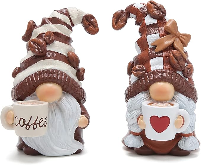Hodao Gnome Decor Set of 2 Resin Coffee Lover Gifts with Mug, Cute Tiered Tray Figurines for Kitchen Shelf, Farmhouse Countertop, Desktop Accent, Spring Home Display