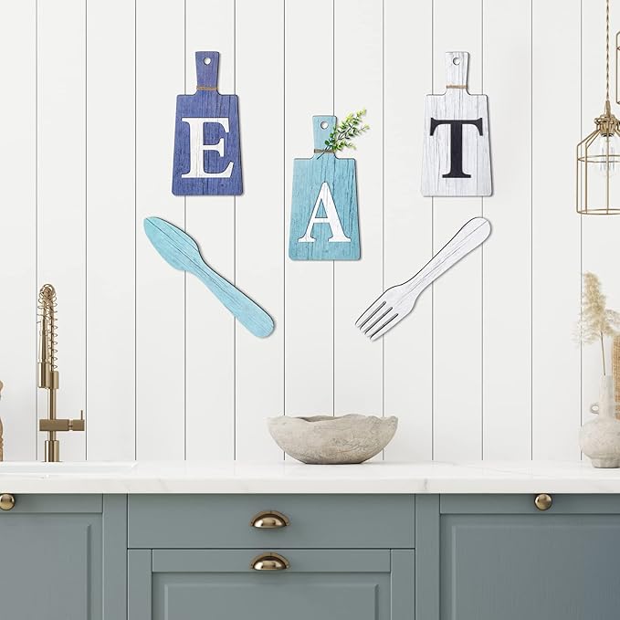 Jetec Cutting Board Eat Sign Set Hanging Art Kitchen Eat Sign Farmhouse Fork and Spoon Wall Decor Rustic Primitive Country Kitchen Decor for Home over Cabinet Decoration(Dark Blue, Light Blue, White)