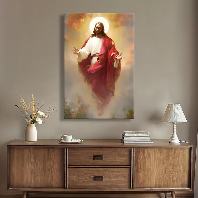 Eysintum Framed Jesus Christ Ascension Wall Art Christian Religious Canvas Print Faith Home Decor Spiritual Poster for Living Room Church Prayer Room 16x24in