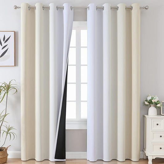 Estelar Textiler Beige and Greyish White Ombre Blackout Curtains 90 Inch Length 2 Panels Set, Thermal Insulated Drapes for Bedroom,Full Room Darkening Grommet Gradient Curtains for Living Room,52Wx90L