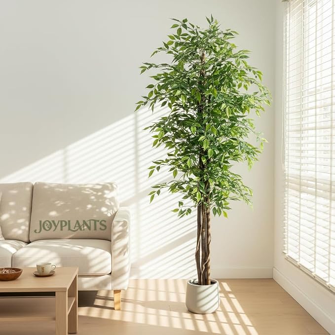 7ft Tall Artificial Ficus Tree in White Pot, Straight Trunk Fake Ficus Tree with Lush Green Leaves, Faux Potted Plant for Indoor Outdoor Home Office Living Room Patio Decor