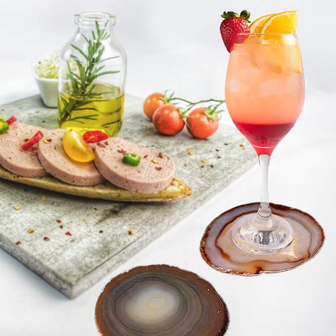Natural Agate Coasters Set of 4, Brown Geode Stone Slices 3-3.5'' for Drinks Coffee Wine, Unique Rock Crystal Tabletop Protection with Rubber Bumpers