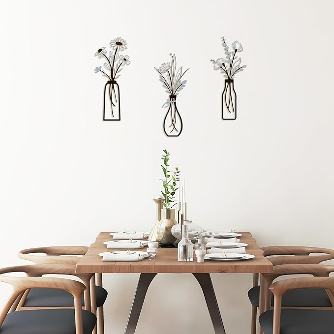 3 Pieces Metal Vase Flowers Wall Arts - Rustic Farmhouse Style Décor Metal Wall Art Black Minimalist Flower Natural Themed Wall Decors for Home Bedroom Dining Room Housewarming (Brown-Blue, Vase-C)