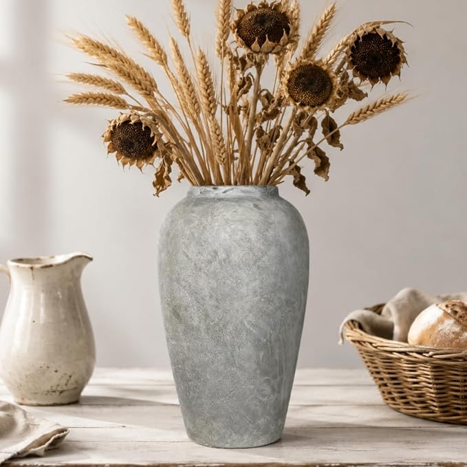 12 Inch Ceramic Rustic Farmhouse Vase, White Grey Handmade Pottery Vase for Living Room & Home Decor, Rustic Flower Vases for Table Centerpieces & Shelf Decoration, Wedding Gifts