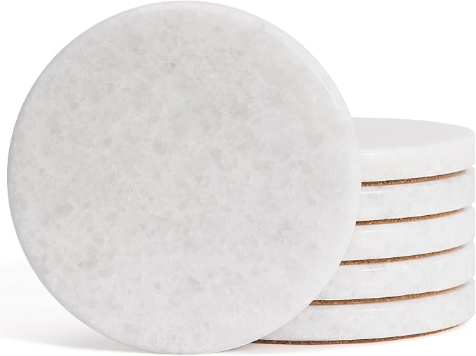 Pure White Marble Coasters Set of 6, Elegant ICY Crystal Coasters for Coffee Table, 4" Round Polished White Stone Coaster with Sparkling Texture – Heat Resistant, Non-Slip, Housewarming Gift