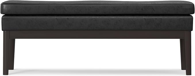 SIMPLIHOME Carlson Ottoman Bench - 45 inch Wide Upholstered Vegan Leather Rectangle Ottoman in Distressed Black, Mid Century Modern Bench for Bedroom, Entryway or Living Room with Padded Seat