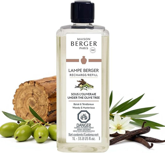 Maison Berger Under The Olive Tree Lampe Berger Refill, 1 Liter (33.8 fl oz), 2-in-1 Catalytic System, Neutralizes Odors and Diffuses Fragrance, Jasmine, Oudh Wood, Cedarwood, Made in France