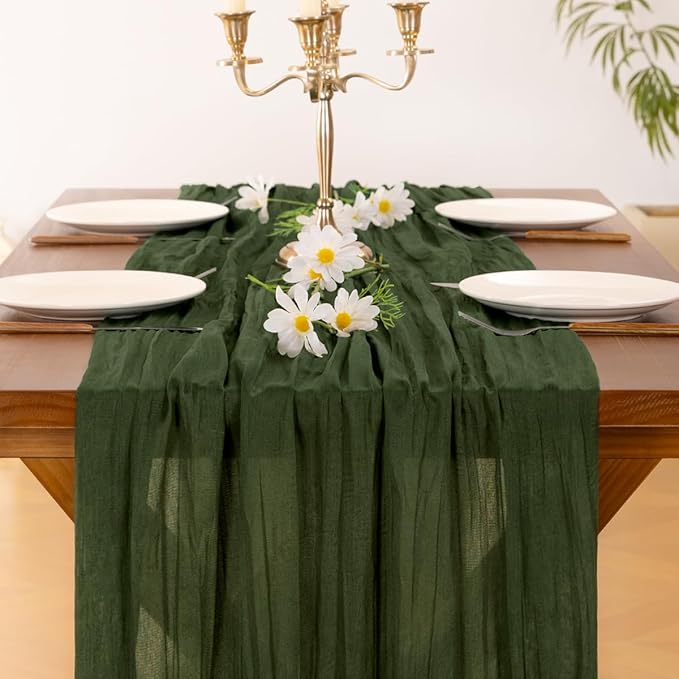 Socomi 10pcs Olive Green Cheesecloth Table Runner Boho Rustic Gauze 120 inch 10FT Cheese Cloth Runner for Wedding Party Baby Shower Birthday Home Decor Holiday Decorations