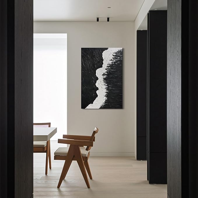 Modern Black &White Abstract Canvas Wall Art,Large 3D Textured Oil Painting | Hand-Painted Vertical Ocean Waves Artwork for Living Room Bedroom Office, Minimalist Contemporary Wall Decor, 24x36 In