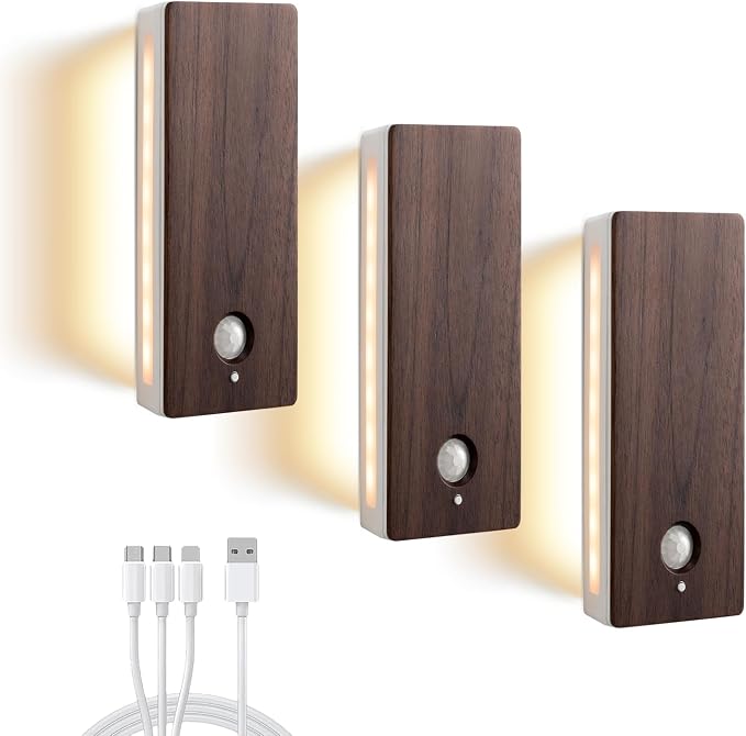 Motion Sensor Night Light Indoor, Rechargeable Wood Sensor Stair Lights, Magnetic Stick-on Light, Soft Two-Sided Glow, Adjustable Brightness for Bedroom, Hallway