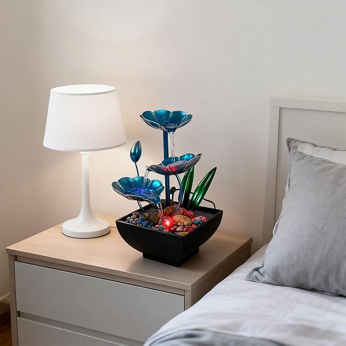 AOZITA Tabletop Fountain, Indoor Waterfall Fountain, Small Home Décor Zen Relaxation Soothing Sound Machine for Office, Living Room, or Bedroom,Blue Metal Lotus with Bud, River Rocks, LED