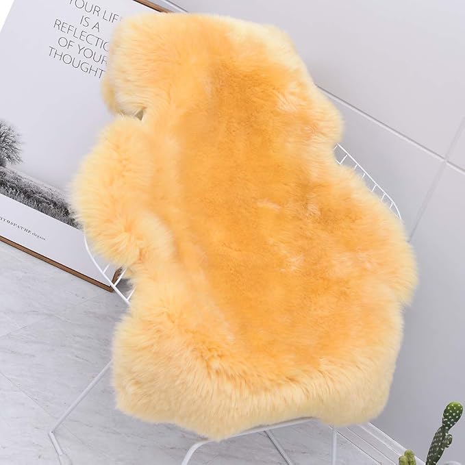 AOGELAN Premium Genuine Sheepskin Rug, Genuine Sheepskin Natural Fluffy Fuzzy Lambskin Fur Area Rug Seat Covers for Kids Bedroom Sofa Chair Cover Pets Dogs Mat Single Pelt/2' x 3' Golden Yellow
