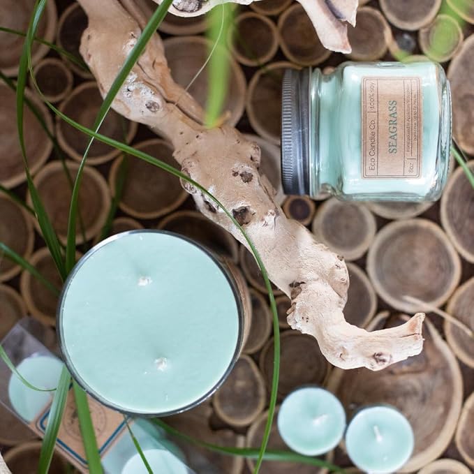 ECO CANDLE CO. Mason Jar Candle, Seagrass, 8 oz. - Scents of Coconut, Jasmine, Eucalyptus, Vetiver, Driftwood, & Seaweed - 100% Soy Wax, No Lead, Kraft Label & Antiqued Pewter Lid, Hand Made