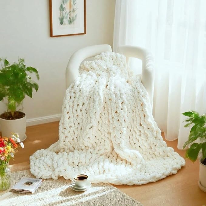 Handmade Chunky Knit Blanket, Cosy Chenille Throw (Cream, Throw (50" x 60"))