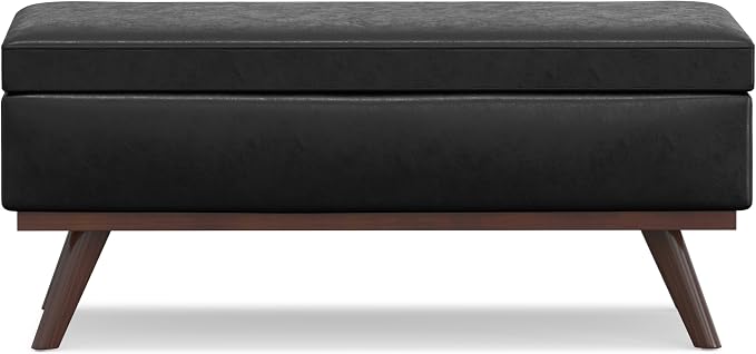 SIMPLIHOME Owen Lift Top Coffee Table Storage Ottoman - 42 inch Wide Upholstered Vegan Leather Rectangular Lift-Top Ottoman in Distressed Black, Mid-Century Modern Ottoman for Living Room