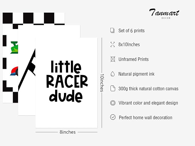 Tanmart Race Car Wall Art Pictures Boys Room Wall Decor Nursery Toddler Canvas Wall Art Kids Playroom Art Prints Boys Race Car Poster Nursery Artwork Set of 6 for Bedroom 8x10 Inch Unframed