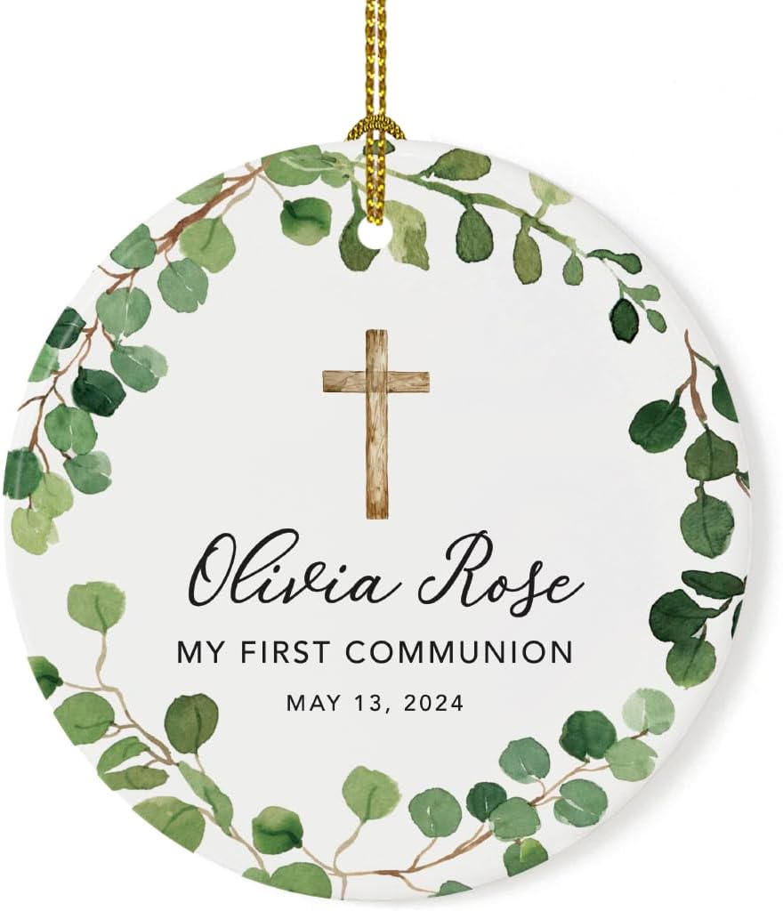 Andaz Press Personalized First Communion Ornament for Girls Boys, Round Ceramic Porcelain First Communion Christmas Ornament, Custom Name Date, My First Communion 2025, Farmhouse Eucalyptus Wreath