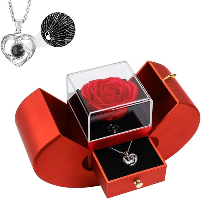 Emibele Preserved Rose Gifts for Women, Eternal Flower Rose Box with Heart Necklace, Romantic I Love You Gifts for Women Her Wife Mom Grandma on Valentines Mothers Day Birthday Anniversary