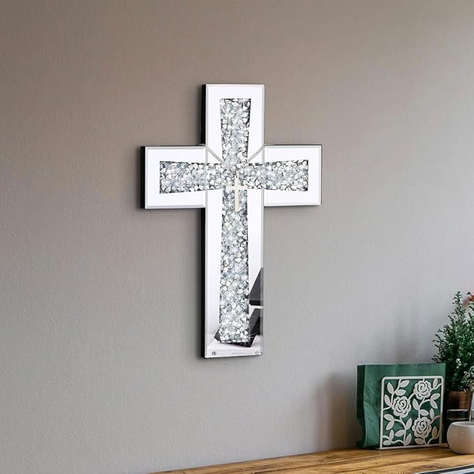 Aeveco Cross Wall Decor, Silver Mirrored Cross for Living Room, Crystal Crush Diamond Mirror Crosses, Religious Wall Art, Home Decor