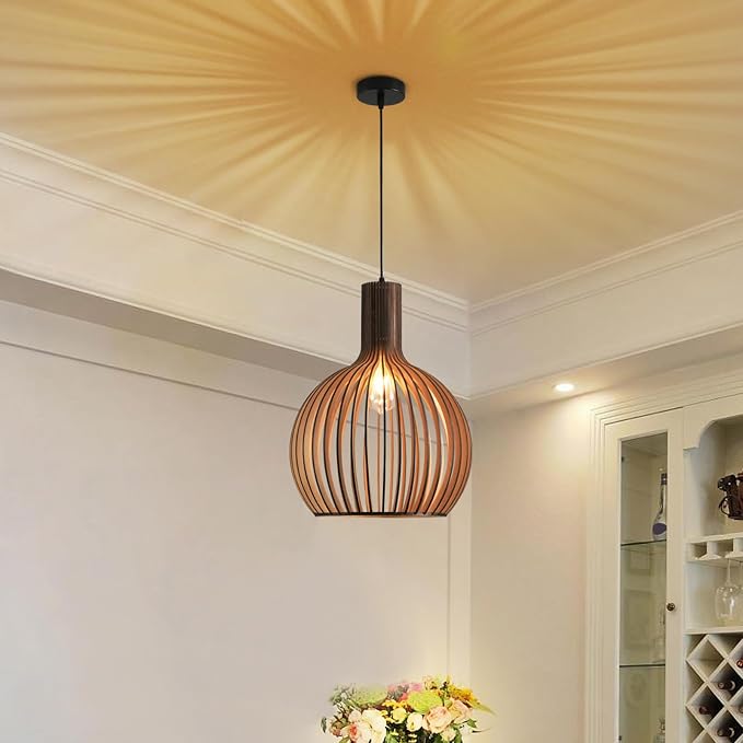 Wood Pendant Light, E26 Base Hanging Lamp Indoor, Natural Wooden Hand Made Chandelier, Boho Height Adjustable Dining Table Hanging Lamp for Hotel Bar Café Kitchen Island Hallway Entryway