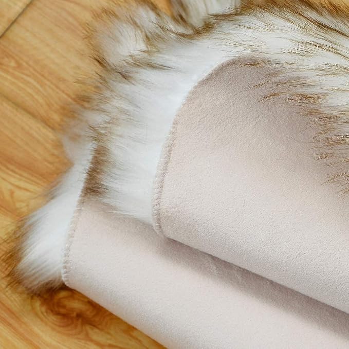 Carvapet 2-Piece Faux Sheepskin Chair Cover Set - White Brown Tips Luxury Plush Fur Seat Cushion, 2x3ft Symmetrical Bedside Rug 2-Pack for Sofa Bed