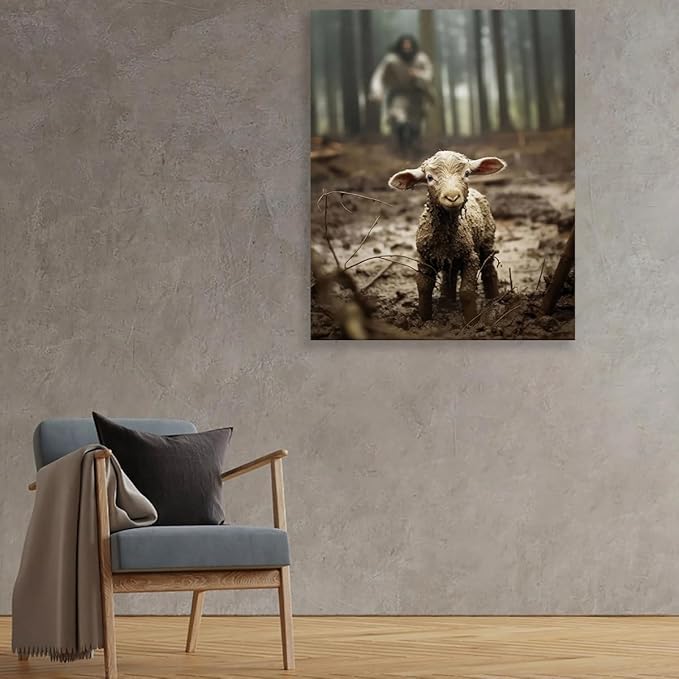 Jesus and Lamb Canvas Wall Art Jesus Running After Lost Lamb Picture Wall Art Canvas Print Christian Home Decor 12x16 inch