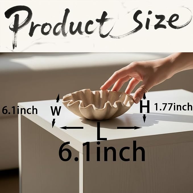 6" Small Handmade Decorative Bowl decor , Handicraft Scalloped Bowls for Modern Home Decor,Ruffle Decor,Key Bowl for Entry Table,Decorative Fruit Bowl for Kitchen Counter,Artificial Stone Beige