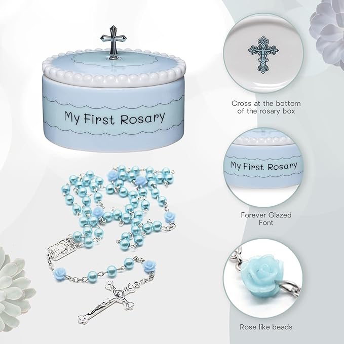 Baptism Gifts for Boys - My First Rosary & Matching Keepsake Box, Catholic Christening Gifts for Baby Boys from Godmother for Dedication with Colorful Gift Box