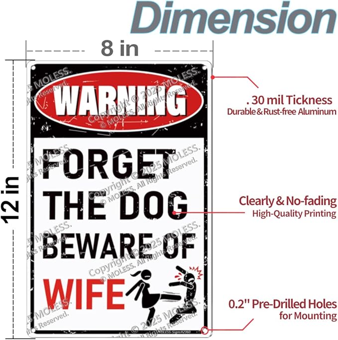 Vintage Man Cave Decor Signs – 'FORGET THE DOG BEWARE OF WIFE' | 12x8″ Funny Metal Sign for ManCave, Garage, or Workshop Wall Decor – Man Cave Accessories & Gifts for Men, 2360