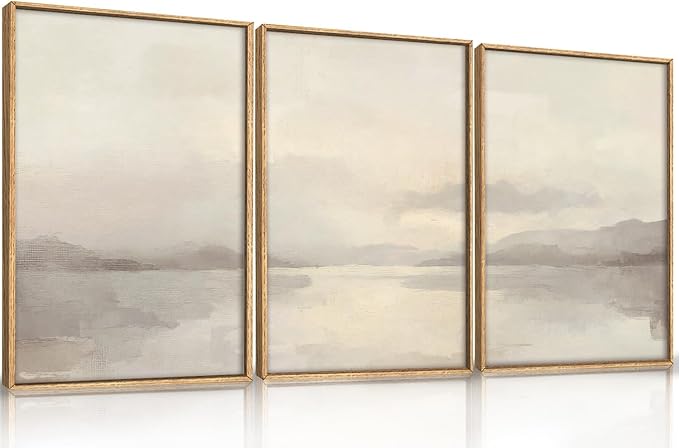 LHIUEM Large Abstract Neutral Beige Pastel Framed Canvas Wall Art,Modern Watercolor Lakes Wall Decor,Nature Mountain Minimalist Artwork for Living Room,Bedroom,Dining Room,Office -24"x36"x3