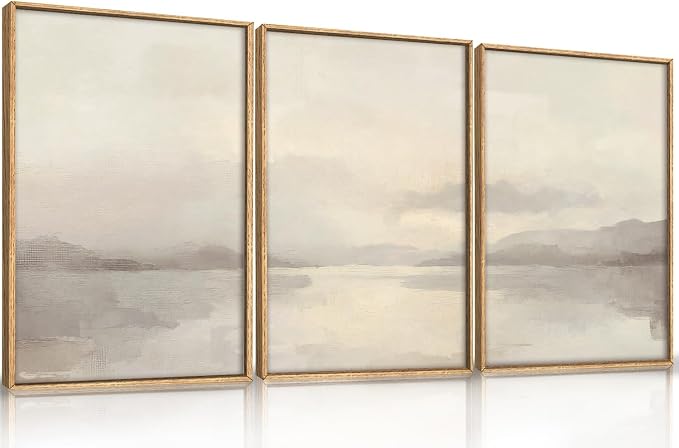 LHIUEM Large Abstract Neutral Beige Pastel Framed Canvas Wall Art,Modern Watercolor Lakes Wall Decor,Nature Mountain Minimalist Artwork for Living Room,Bedroom,Dining Room,Office -16"x24"x3