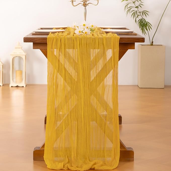 Socomi 2pcs Gold Yellow Easter Spring Cheesecloth Table Runner Boho Rustic Gauze 120 inch 10FT Cheese Cloth Runner for Wedding Party Baby Shower Birthday Home Decor Holiday Decorations