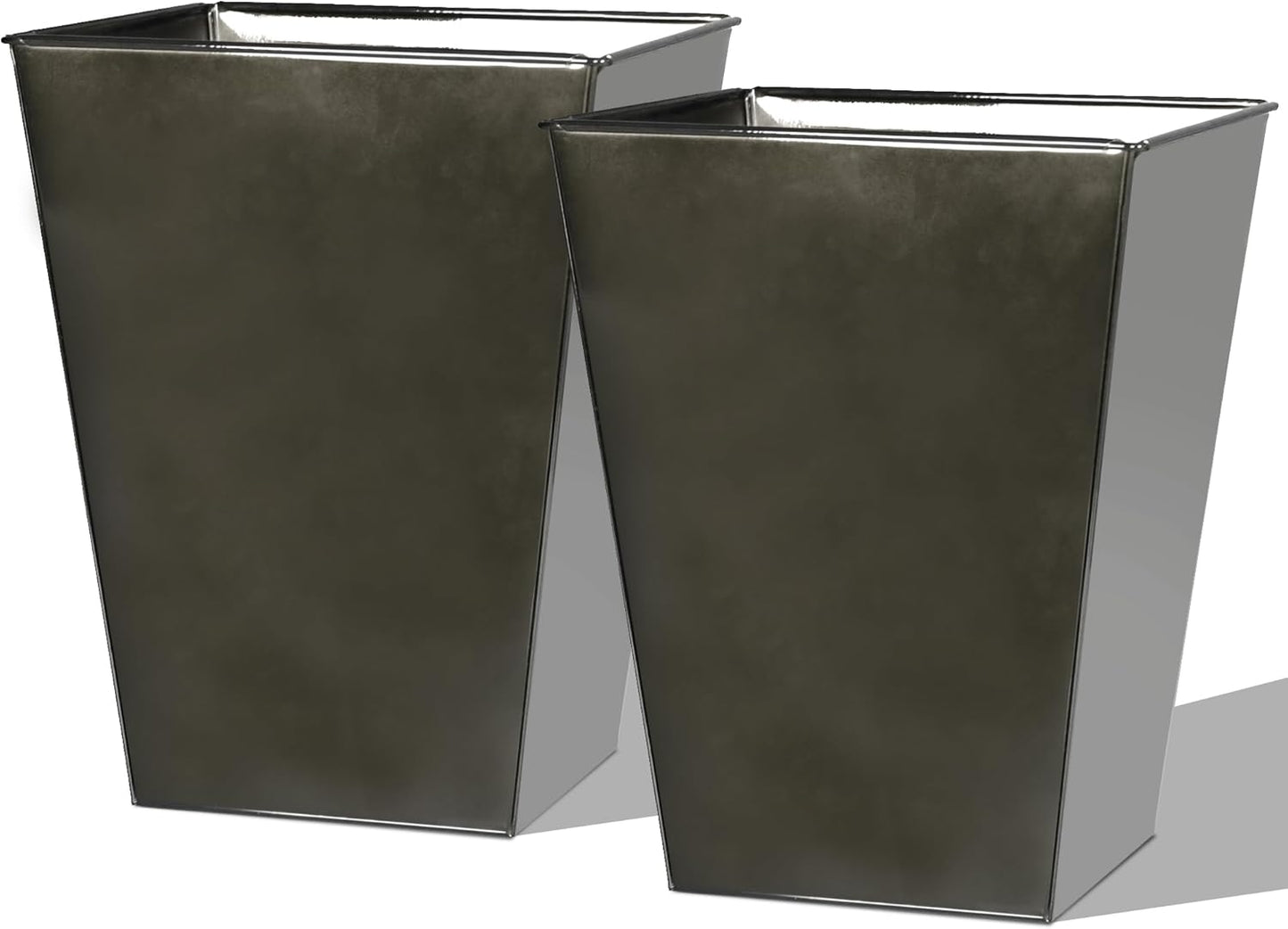 Worth Garden Large Metal Glazed Floor Planter Set of 2-14" Dia x 18" H - Luxurious Glossy Finish Black Tall Square Tapered Steel Plant Pots, Decor Flower Pot Indoor & Outdoor, Drainage Hole
