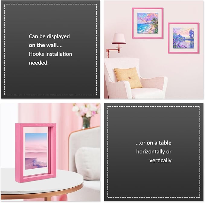 MUYE 5x7 Floating Frame Set of 2,Double Real Glass Photo Frame for Wall Hanging or Tabletop Standing,Also Display 4x6 or 3x5 Photo for Floating Effect,Pink