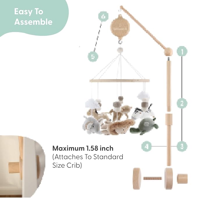 The Peanutshell Crib Mobile for Boys or Girls - Wooden Musical Baby Crib Mobile with 12 Lullabies, Jungle Animal, Baby Mobile Crib Safari Serenity Nursery Decor