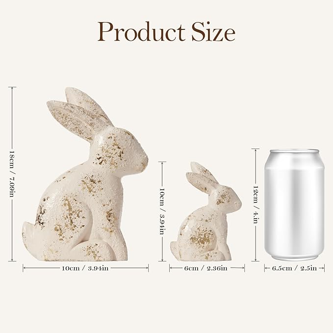 DN DECONATION Easter Decorations White & Gold Bunny Decor Rabbit Figurines, Wabi Sabi Easter Bunny Statue Set of 2 for Spring Tabletop Home Decor Farmhouse Shelf Mantel, Pressed Wood Sculpture