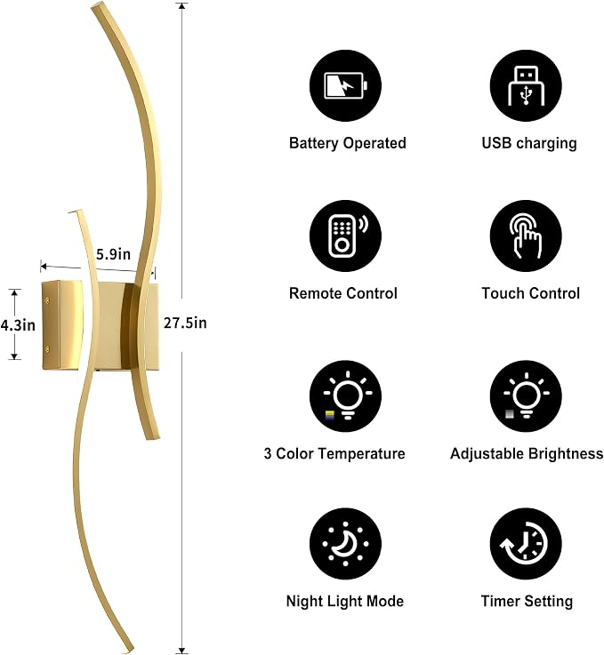 Battery Operated Wall Sconces Set of Two with Remote Control, Battery Wall Light, Stepless Colors 3000K-6000K & Dimming, Brass Rechargeable Wall Sconces for Living Room, Hallway, Bedroom, 27.5 Inch