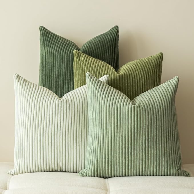 LANANAS Neutral Couch Throw Pillow Covers 18x18 Inch Set of 4 Sage Green Decorative Farmhouse Boho Pillows for Living Room, Bed, Sofa Soft Corduroy Accent Home Decor (Mossy Hues, 18x18 Inch)