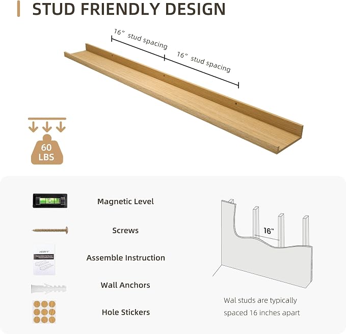 Acovy Picture Ledge Shelf, Wood Long Floating, Set of 2, 48 inch, Oak | Wall Mounted, For Photo Display, For Nursery Book Storage, For Living Room Kids' Room Bedroom