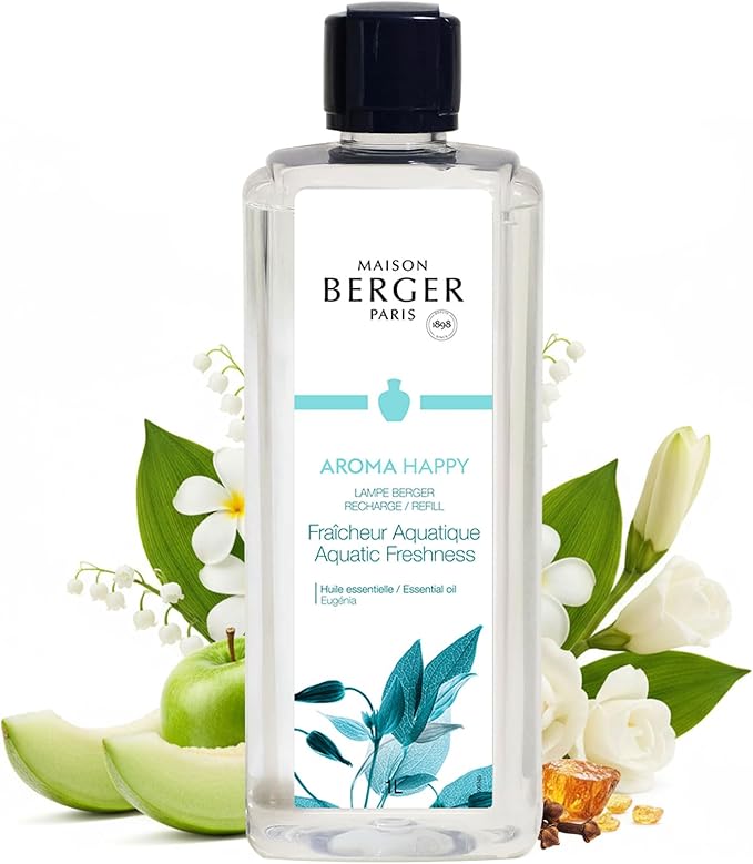 Maison Berger Aquatic Freshness Lampe Berger Refill, 1 Liter (33.8 fl oz), 2-in-1 Catalytic System, Neutralizes Odors and Diffuses Fragrance, Melon, Green Apple, Monoï, Made in France