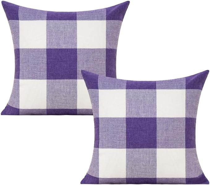 VAKADO Purple Throw Pillow Covers Buffalo Decorative Gingham Farmhouse Decor Outdoor Checkered Square Cushion Plaids Cases Home Decorations for Bedroom Couch Sofa Patio 16x16 Set of 2