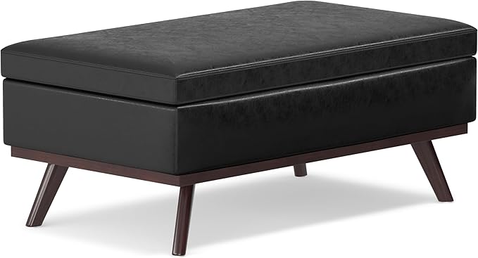 SIMPLIHOME Owen Lift Top Coffee Table Storage Ottoman - 42 inch Wide Upholstered Vegan Leather Rectangular Lift-Top Ottoman in Distressed Black, Mid-Century Modern Ottoman for Living Room