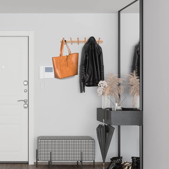 Modern Wood Coat and Hat Rack - Wall Mounted - 5 Peg Hooks - Stylish, Natural, Smooth