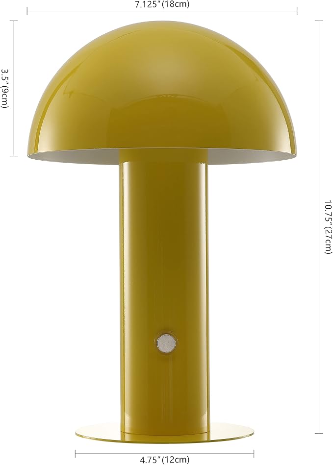 JONATHAN Y 10.75" Yellow Rechargeable LED Mushroom Table Lamp, Cordless Portable Bedside Lamp for Living Room Bedroom, 3-Way Dimmable Modern Iron Desk Light, Metal Shade (JYL7115C)